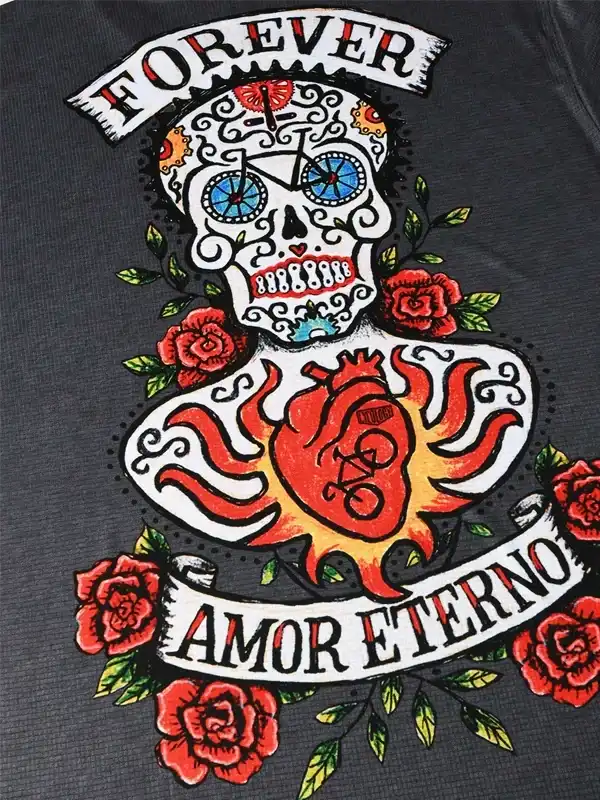 Men's cycling jersey with sugar skull, roses, and 'Forever Amor Eterno' design on dark fabric