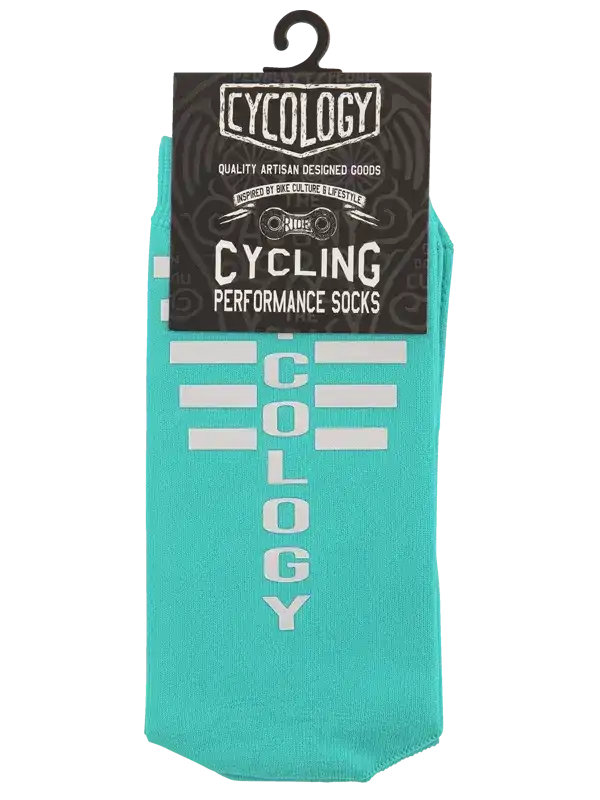 Teal cycling performance socks with bold white 'Cycology' lettering, designed for bike culture and comfort.