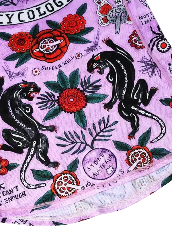 Purple cycling jersey with black panther, red flowers, and bike gear designs, featuring 'Suffer Well' text