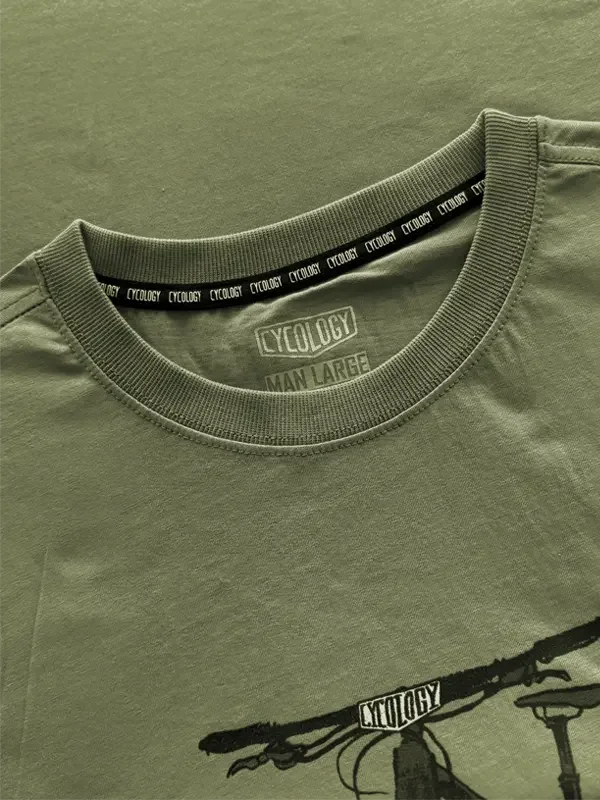 Olive green men's cycling t-shirt with bike graphic and branded neck tape, size large