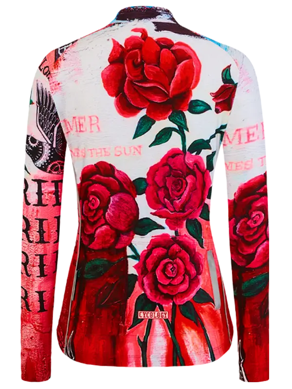 Long-sleeve cycling jersey with red floral patterns and visible Cycology branding on a white background