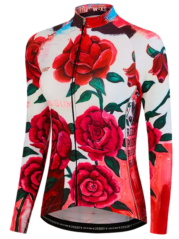 Cycling jersey with red rose pattern and brand logo on a white background