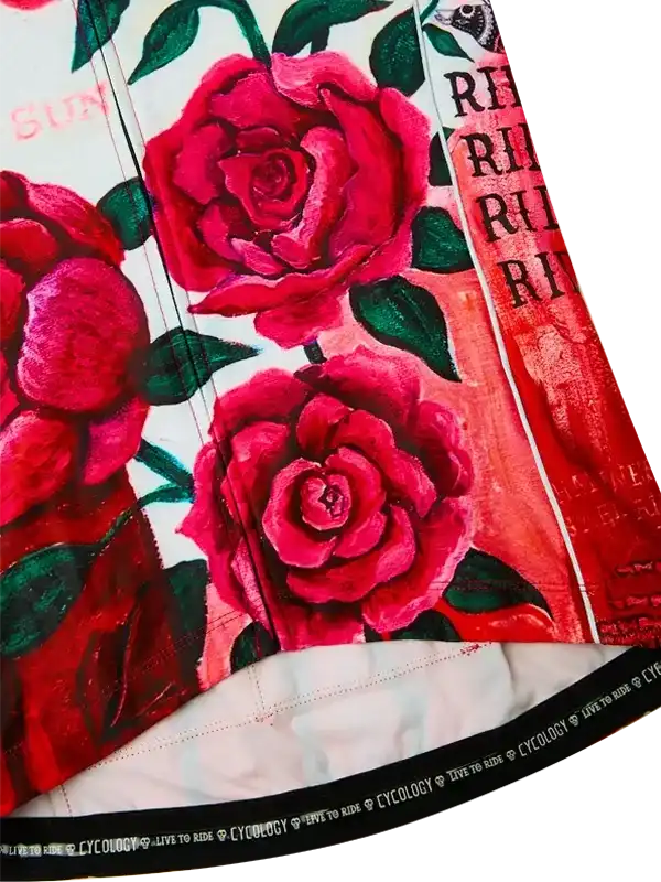 Vibrant red rose floral print cycling shorts with green leaves and bold graphic design