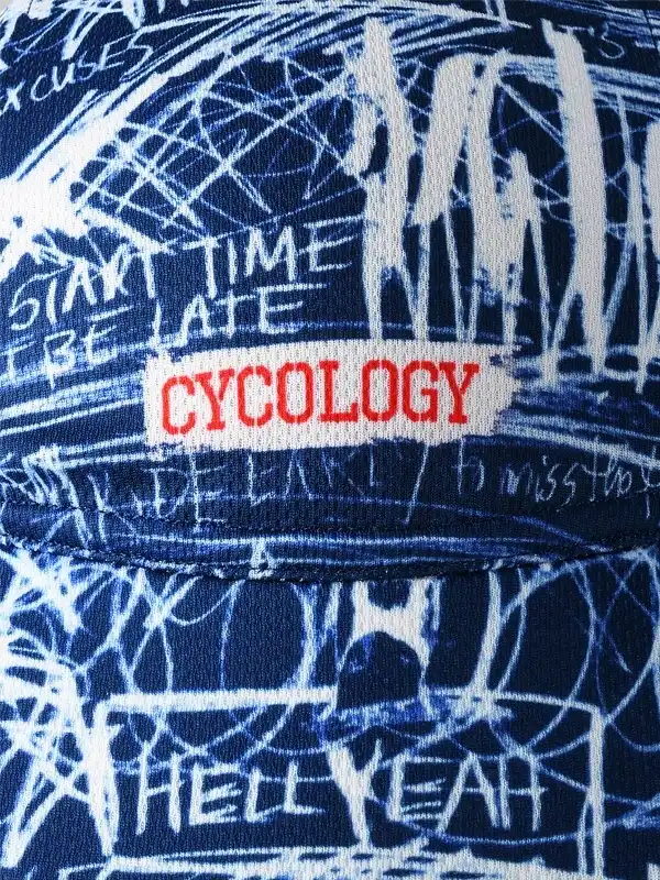 Cycology cycling cap with bold white graffiti-style print and red logo on navy fabric