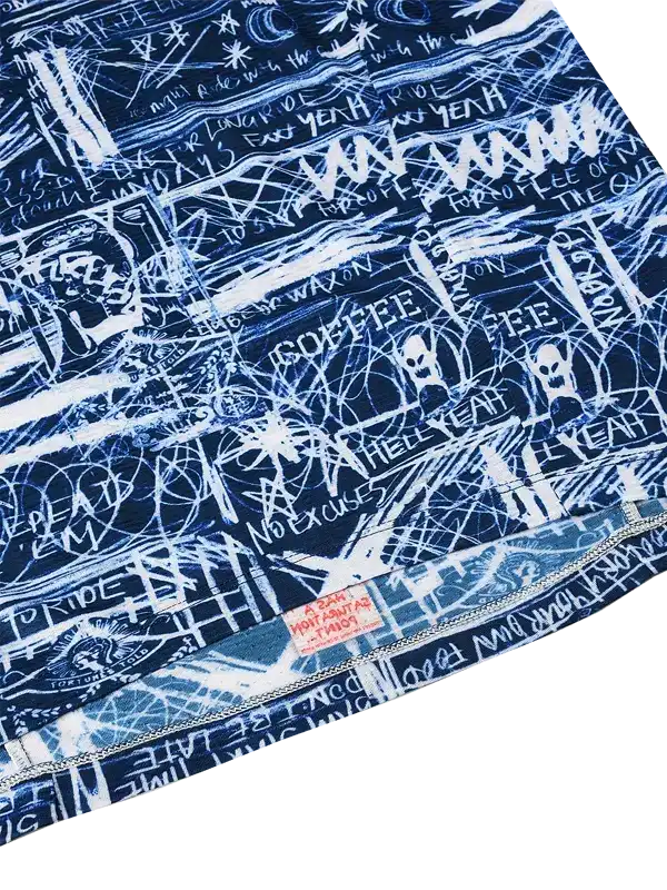 Blue sleeveless cycling base layer with white text and graphics