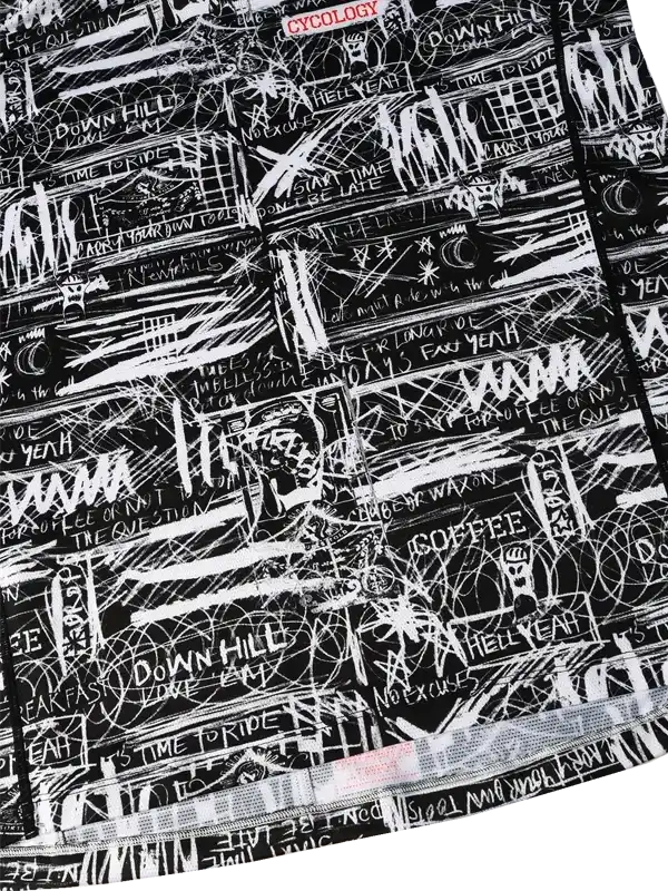 Black cycling jersey with white graffiti-style graphics and phrases like 'Down Hill' and 'Coffee'