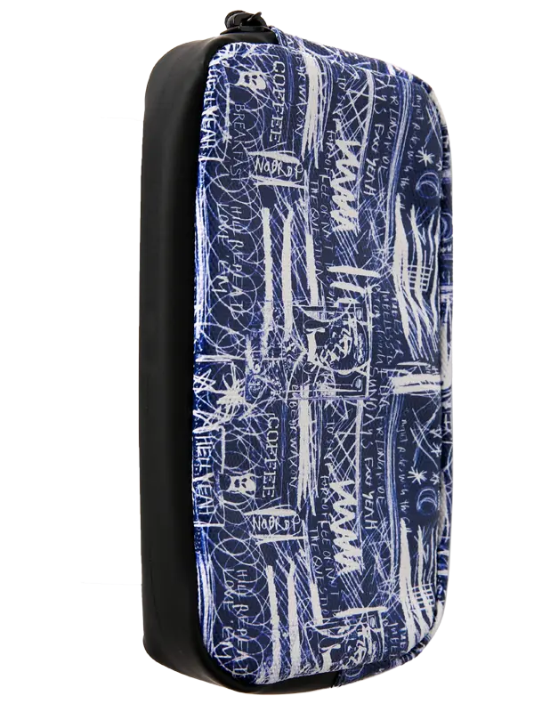 A zippered cycling wallet featuring a navy blue and white abstract scribble pattern with the word CYCOLOGY printed vertically in red on the front.