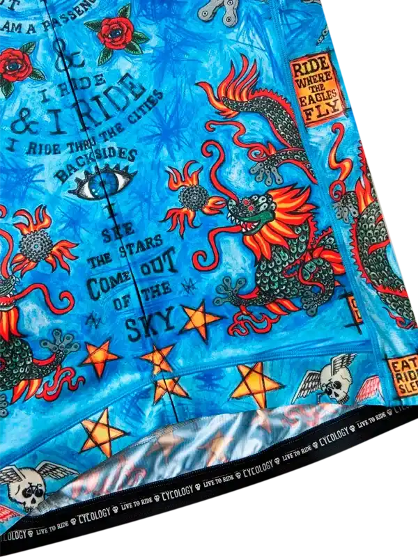 Blue cycling jersey with dragon, stars, and 'Ride Where Eagles Fly' graphic design