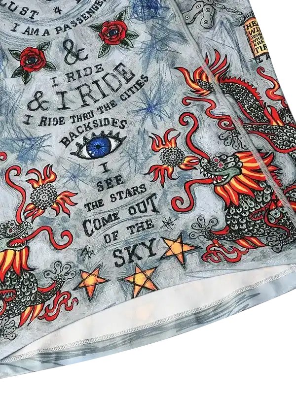 Men's cycling jersey with dragon, roses, and stars graphic design on gray fabric
