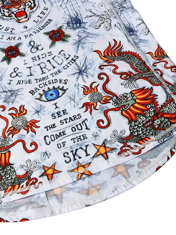 Men's cycling jersey with dragon, stars, and bold text design for road biking adventures
