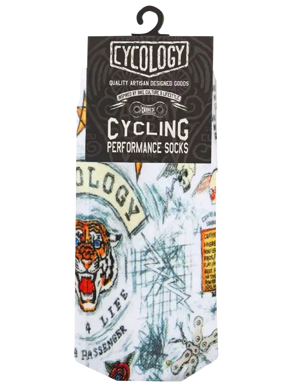 Cycling performance socks with bold tiger graphic and tattoo-style design for bike riders
