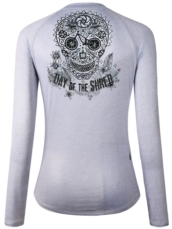 Gray long-sleeve  MTB Jersey with a black skull design and 'Day of the Shred' text on the back.