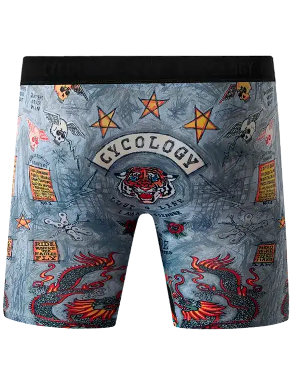Men's cycling shorts with bold tiger, dragon, and star print design for active rides