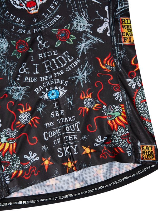 Black men's cycling jersey with colorful graphics and text, featuring a tiger and various designs.