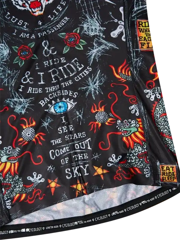 Black cycling jersey with bold graphic print, roses, dragons, and motivational phrases for riders