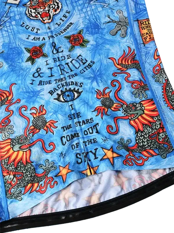 Blue cycling jersey with dragon, tiger, and star graphics, bold text design for men's or women's bike wear