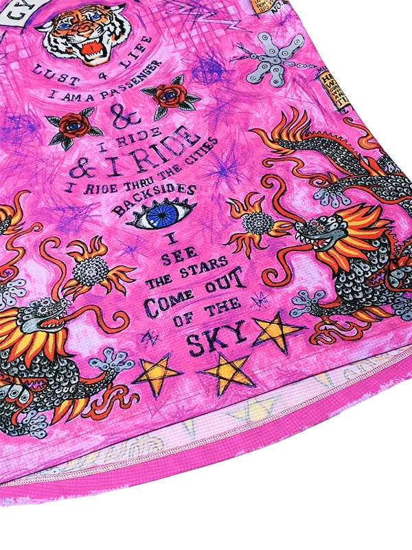 Vibrant pink cycling jersey with dragon, tiger, and star graphics, bold text design for men and women riders