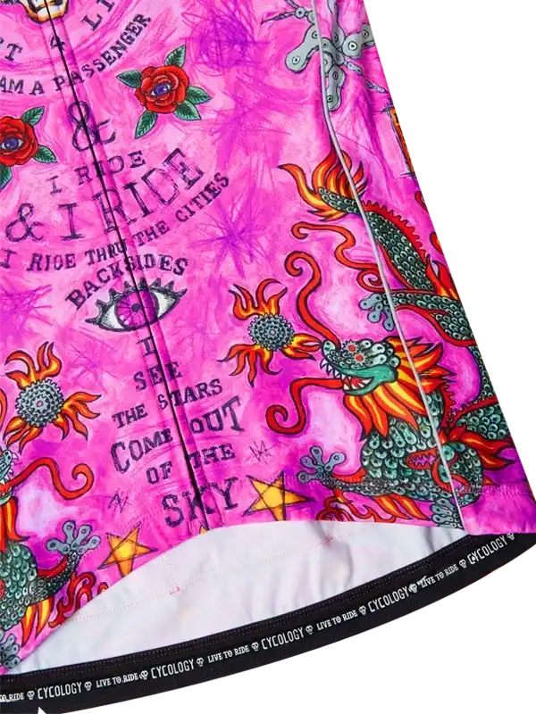 Vibrant pink cycling jersey with dragon, roses, and tattoo-style graphics for men and women riders
