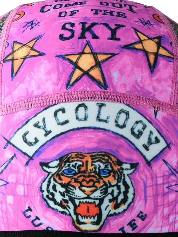 Pink cycling cap with tiger graphic, stars, and 'Cycology' text for men's and women's bike wear