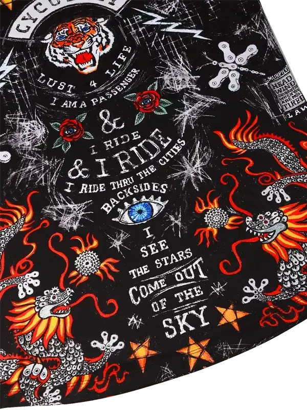 Men's cycling jersey with bold tiger, dragon, and star graphics on black fabric
