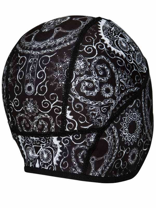 Black cycling cap with white paisley and bike gear pattern, breathable fabric for rides