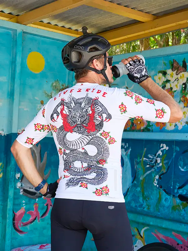 Dragon White Men's Reborn Cycling Jersey Back  on model Cycology USA