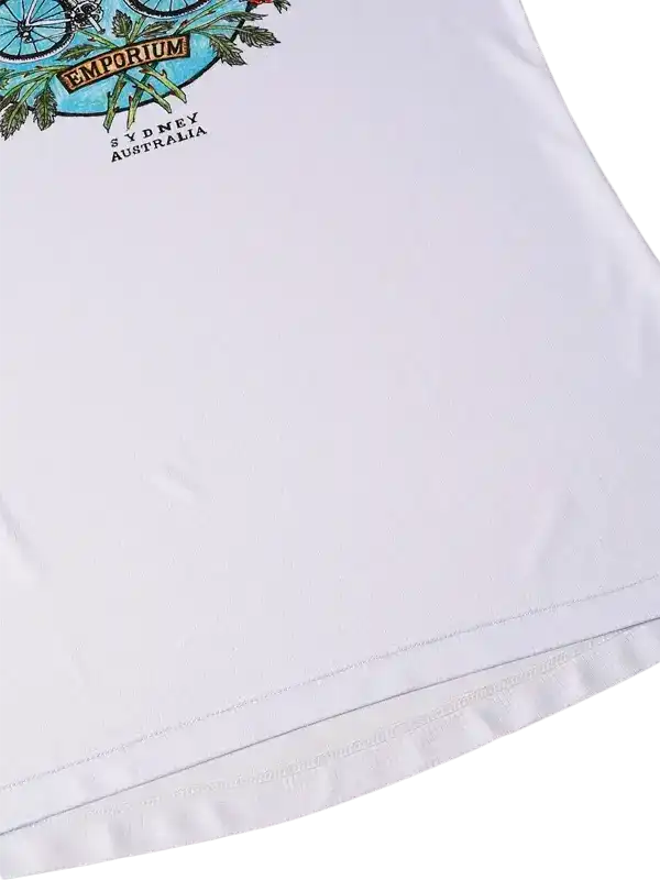 White cycling jersey with 'Emporium Sydney Australia' graphic, ideal for men's and women's bike rides.