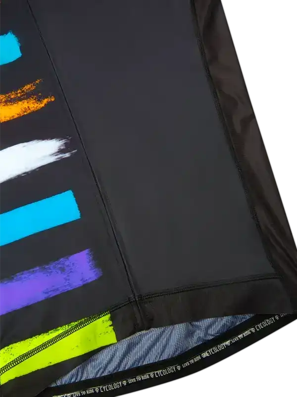 Black cycling jersey with vibrant neon stripe design, high-quality fabric, perfect for men's or women's rides.