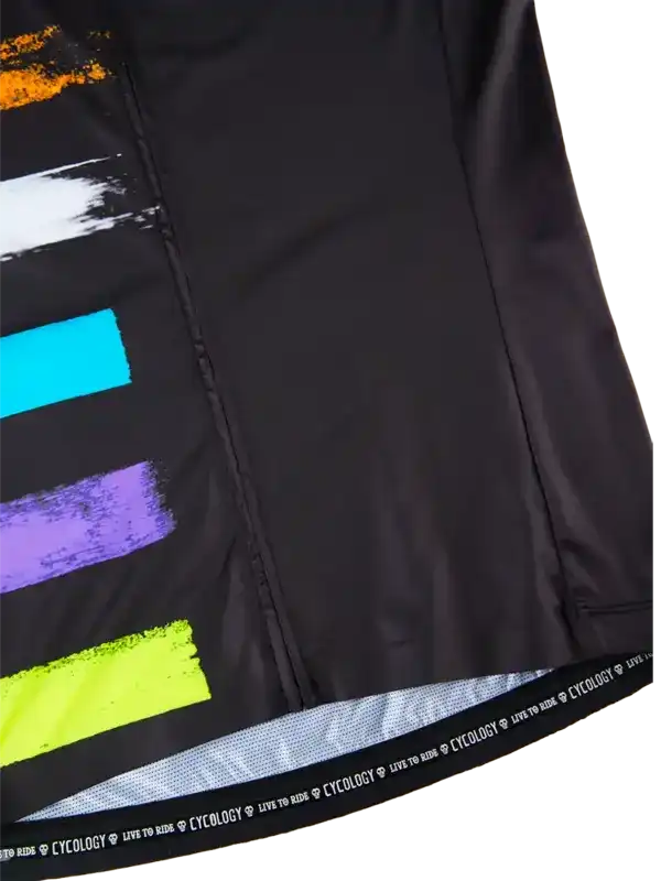 Black cycling shorts with colorful brushstroke design and branded waistband