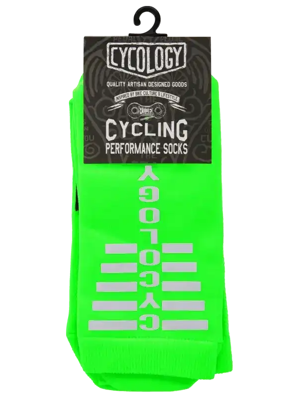 Bright green cycling performance socks with reflective 'CYCOLOGY' branding, ideal for bike culture and active lifestyle.