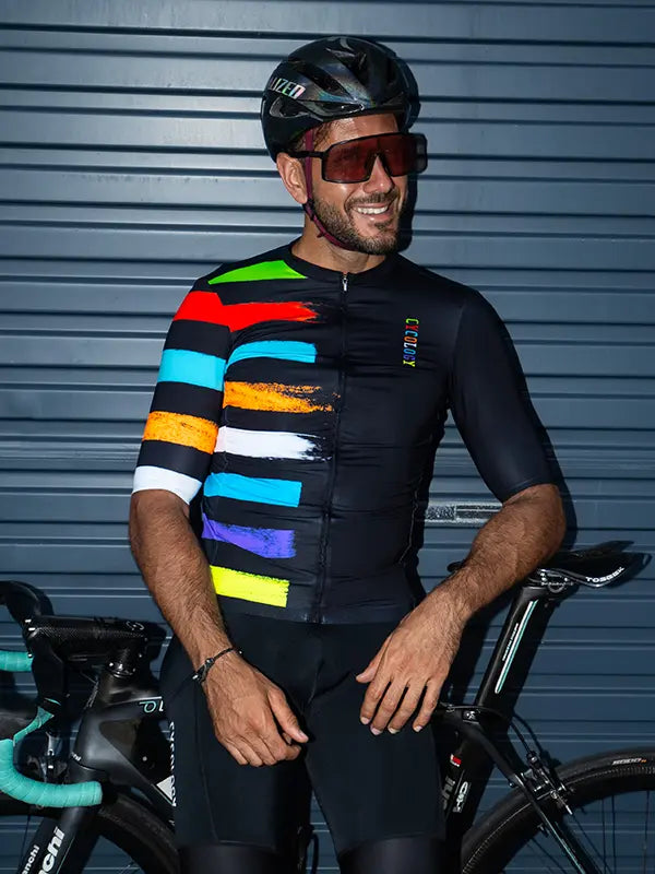 Far Horizon Black Men's Reborn Jersey on model front view | Cycology USA