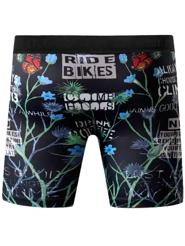 Black cycling shorts with floral and butterfly print, motivational text, ideal for men's or women's bike rides