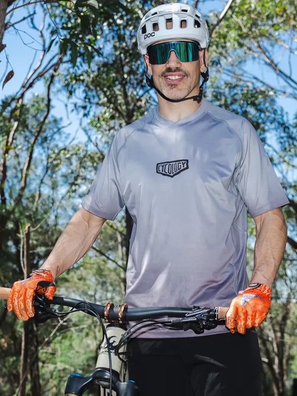 Good Times Gray Men's Short Sleeve Mountain Bike Jersey on model front  | Cycology USA