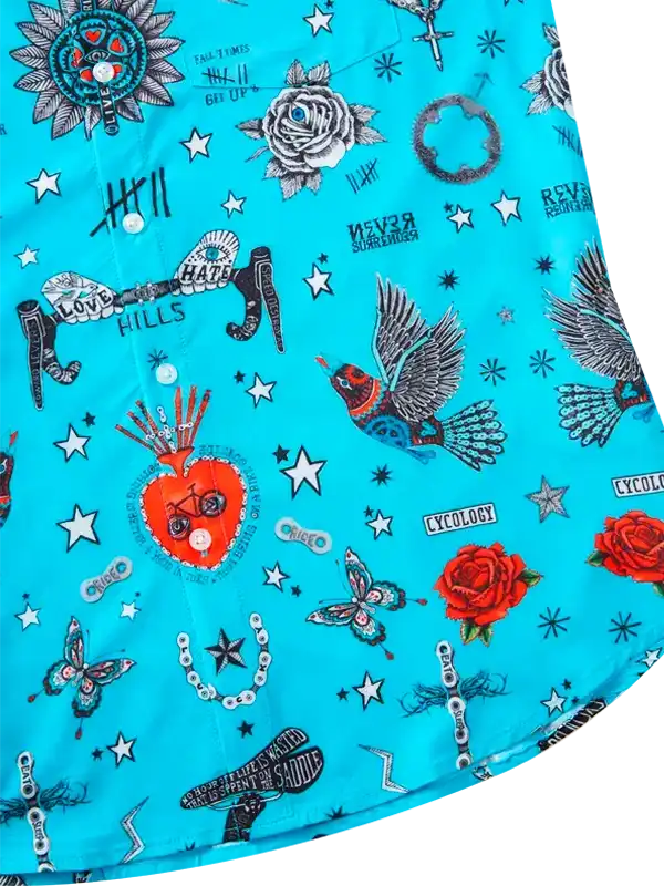 Vibrant blue cycling shirt with roses, birds, stars, and bike graphics for men and women