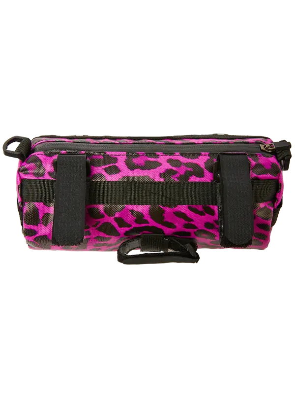 Bicycle handlebar bag with pink leopard print design and 'Cycology' branding.