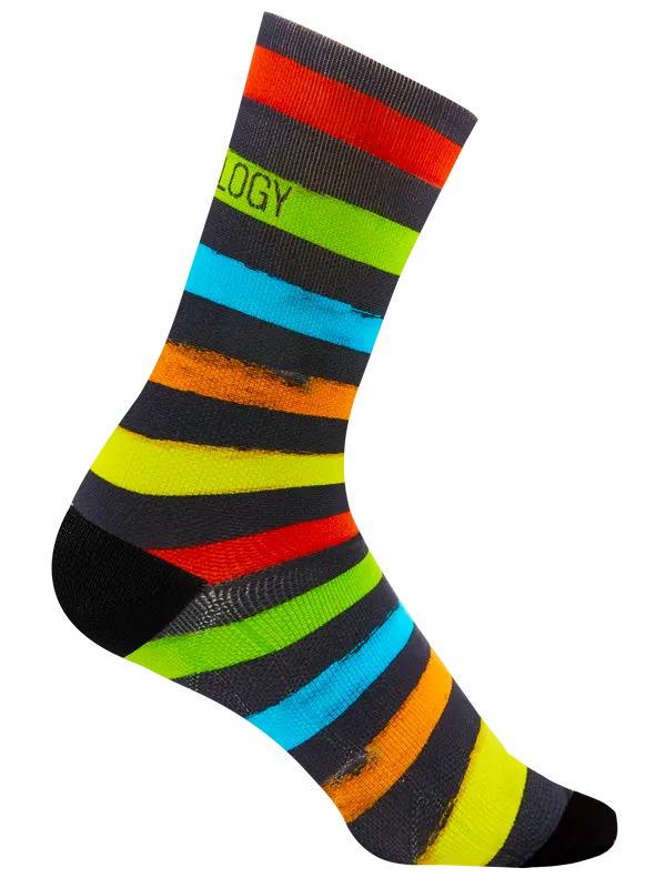 Colorful striped  cycling sock with 'Cycology' branding on a black  background