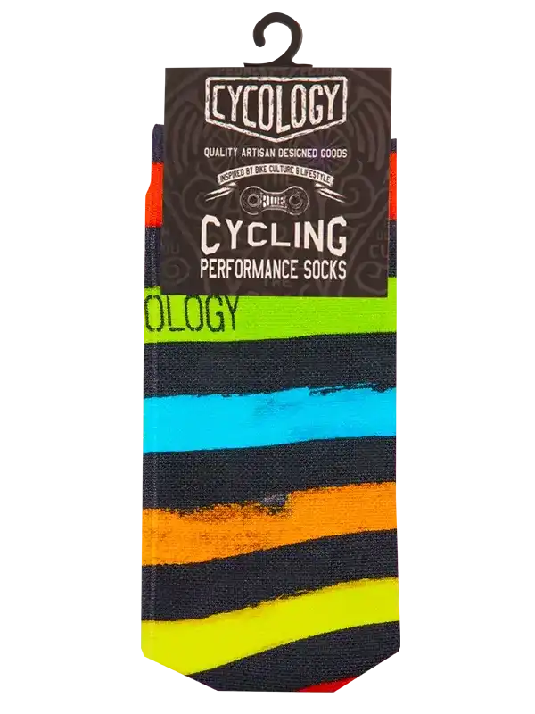 Colorful striped cycling performance socks with bold neon and black bands, designed for bike culture