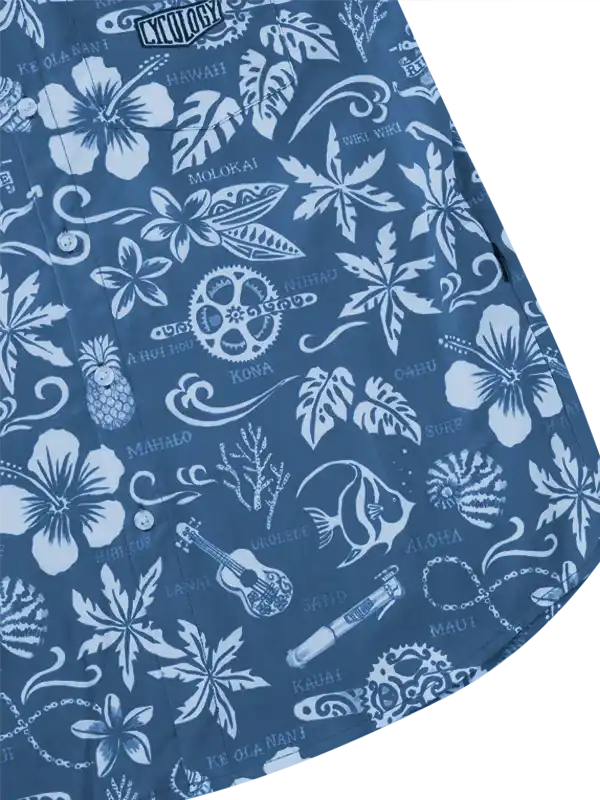 Blue cycling jersey with white Hawaiian floral, pineapple, and bike gear print for men and women