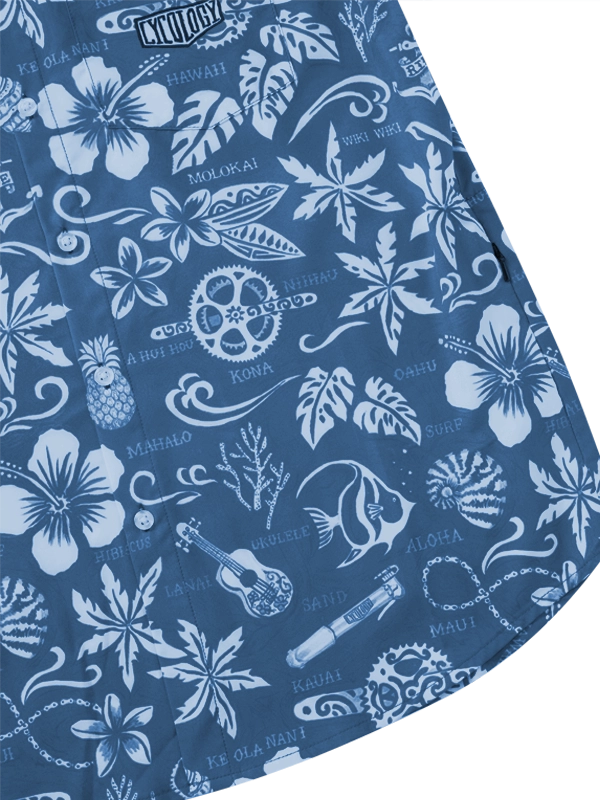 Blue Gravel Shirt with white Hawaiian floral and nature pattern