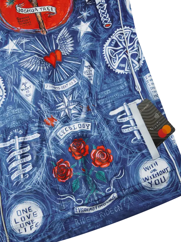 Blue patterned fabric with red roses and text, featuring a Joshua Tree