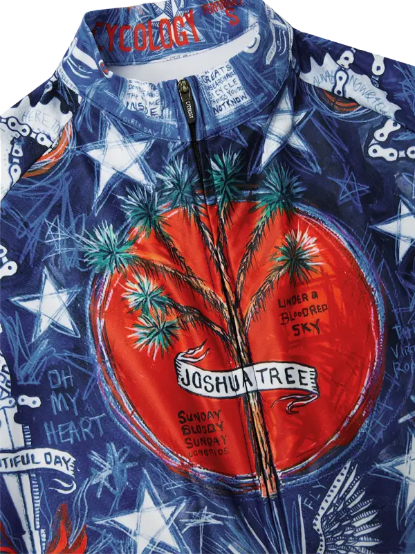 Colorful jersey with a central Joshua tree design and text on a blue background