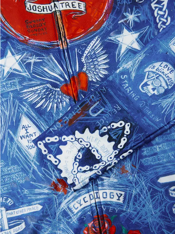 Artistic depiction of a red and blue abstract design with text and symbols on a blue background.