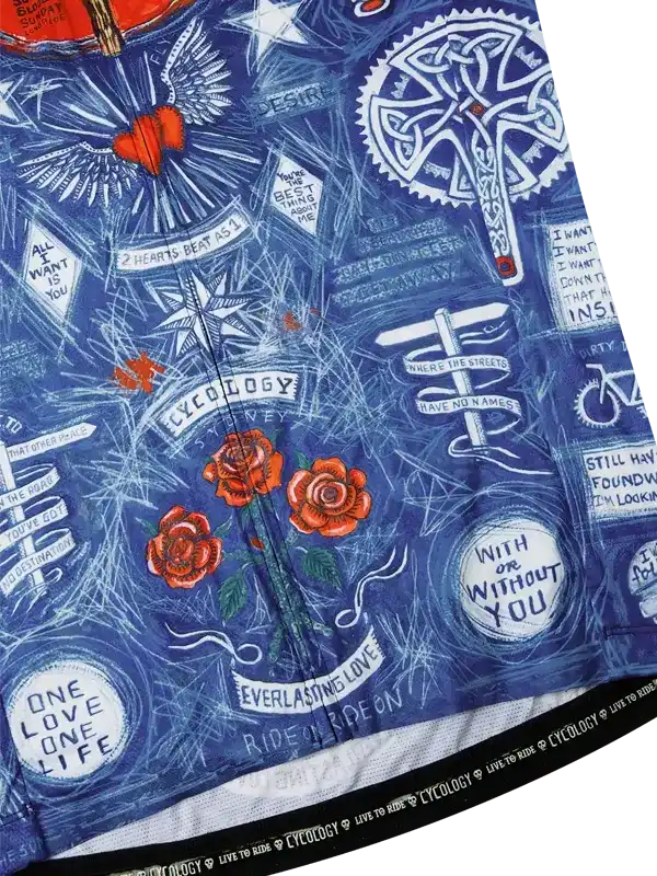 Blue cycling jersey with roses, hearts, and motivational phrases for men and women riders