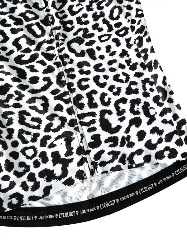 Black and white leopard print cycling jersey with 'Live to Ride' hem detail
