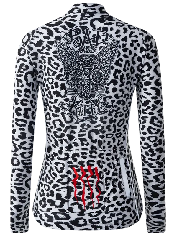 Leopard print Kitty White Women's Winter Long Sleeve Cycling Jersey 
 