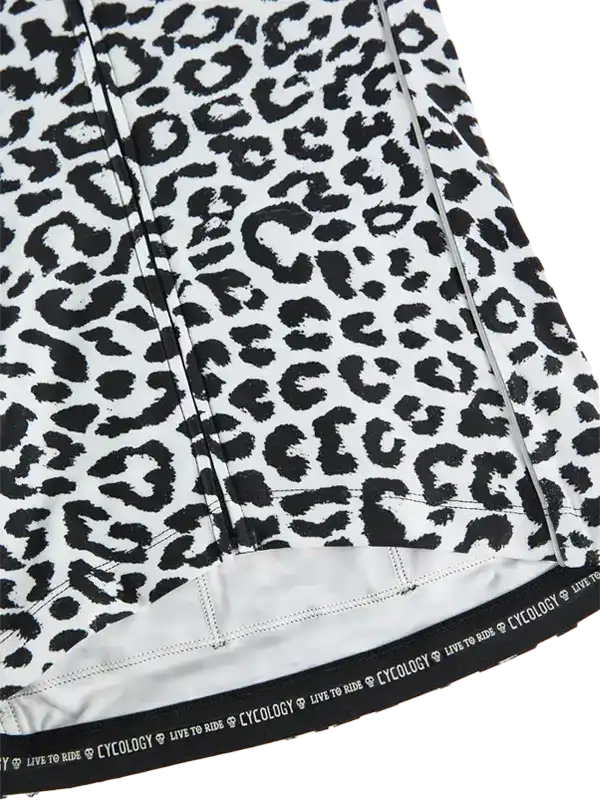 Black and white leopard print cycling jersey with 'LIVE TO RIDE' hem detail