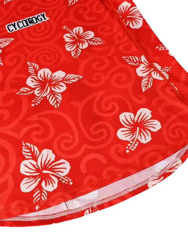 Red cycling jersey with white hibiscus flowers and swirl pattern, featuring breathable mesh lining