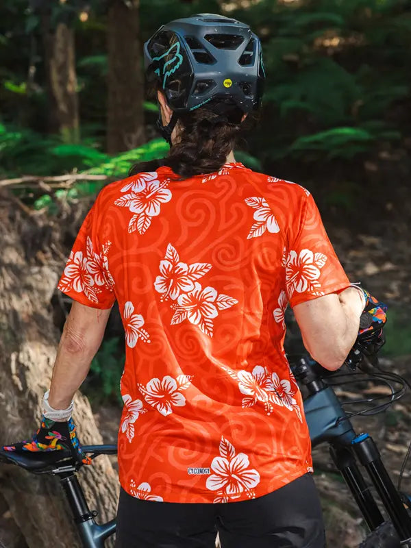 Koa Red Women's Short Sleeve Mountain Bike Jersey on model back view