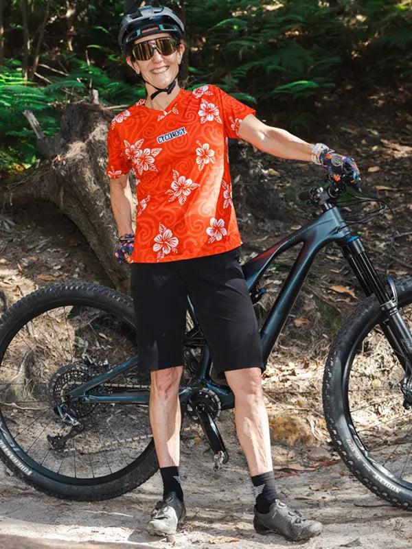Koa Red Women's Short Sleeve Mountain Bike Jersey on model front view