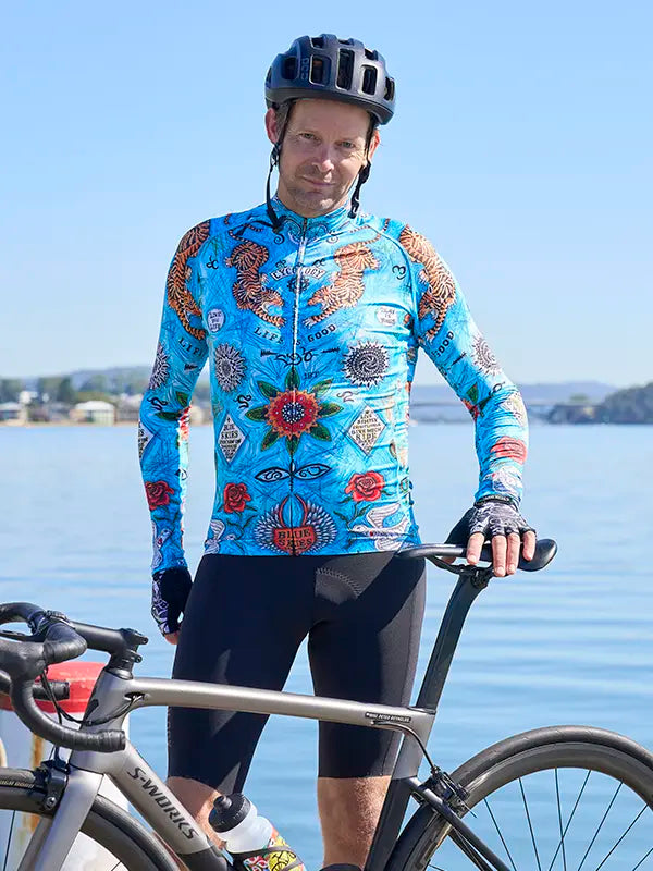Koa Samui Men's Blue Long Sleeve Summer Cycling Jersey  Front on model  | Cycology USA